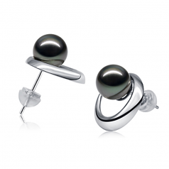 9-10mm AAA Quality Tahitian Cultured Pearl Earring Pair in Rising Sun Black