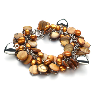 6-7mm A Quality Freshwater Cultured Pearl Bracelet in Honey - Pearl with Heart Charms Champagne 6-7mm A Quality Freshwater Cultured Pearl Bracelet in Honey - Pearl with Heart Charms Champagne