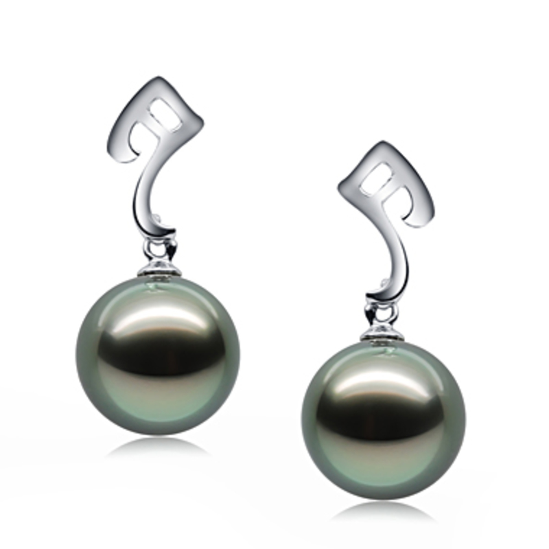 9-10mm AAA Quality Tahitian Cultured Pearl Earring Pair in Assina Abstract Black - #1