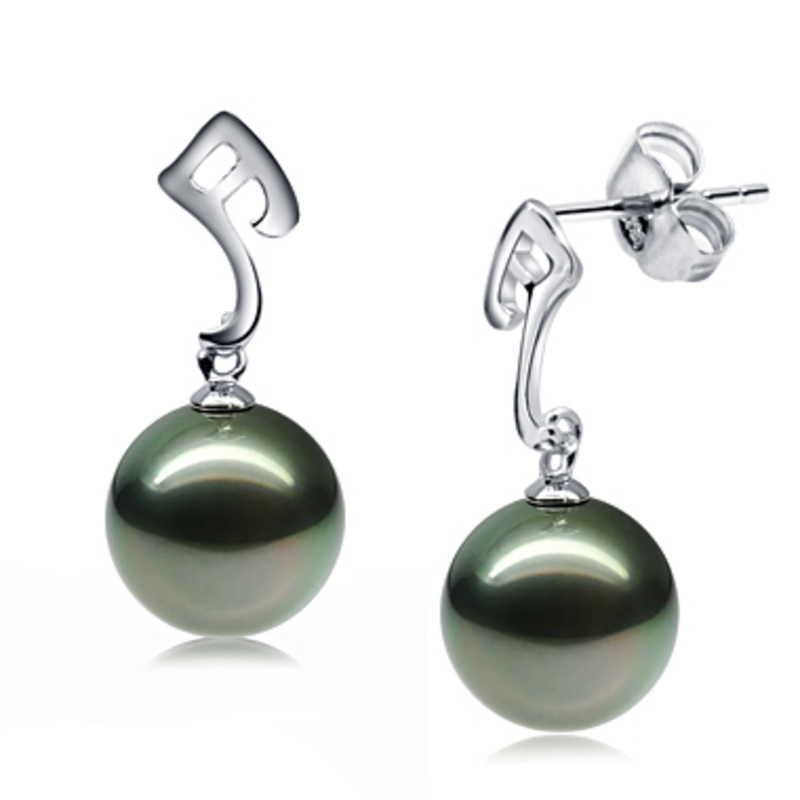 9-10mm AAA Quality Tahitian Cultured Pearl Earring Pair in Assina Abstract Black - #2