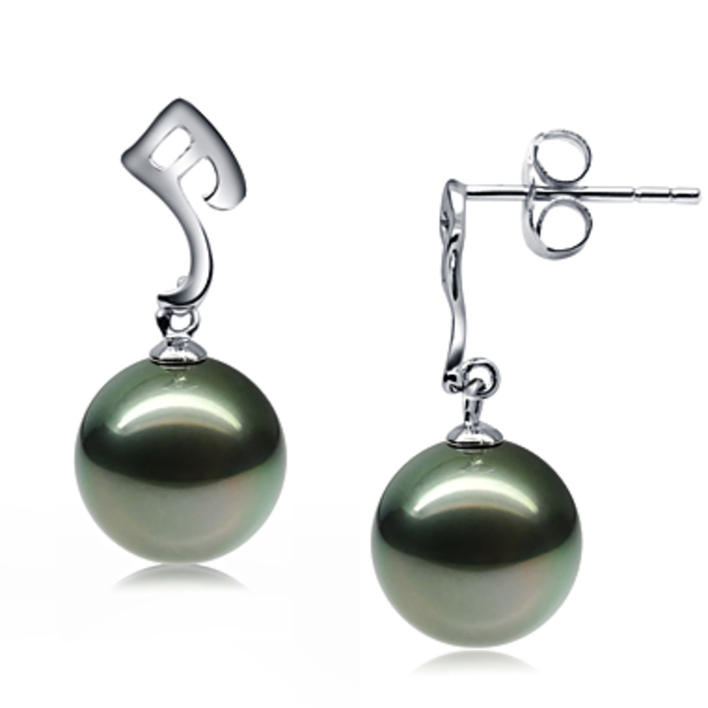 9-10mm AAA Quality Tahitian Cultured Pearl Earring Pair in Assina Abstract Black - #3