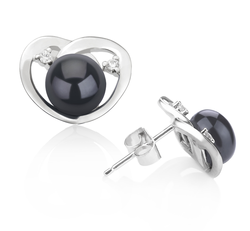 7-8mm AA Quality Freshwater Cultured Pearl Earring Pair in Katie Heart Black - #2