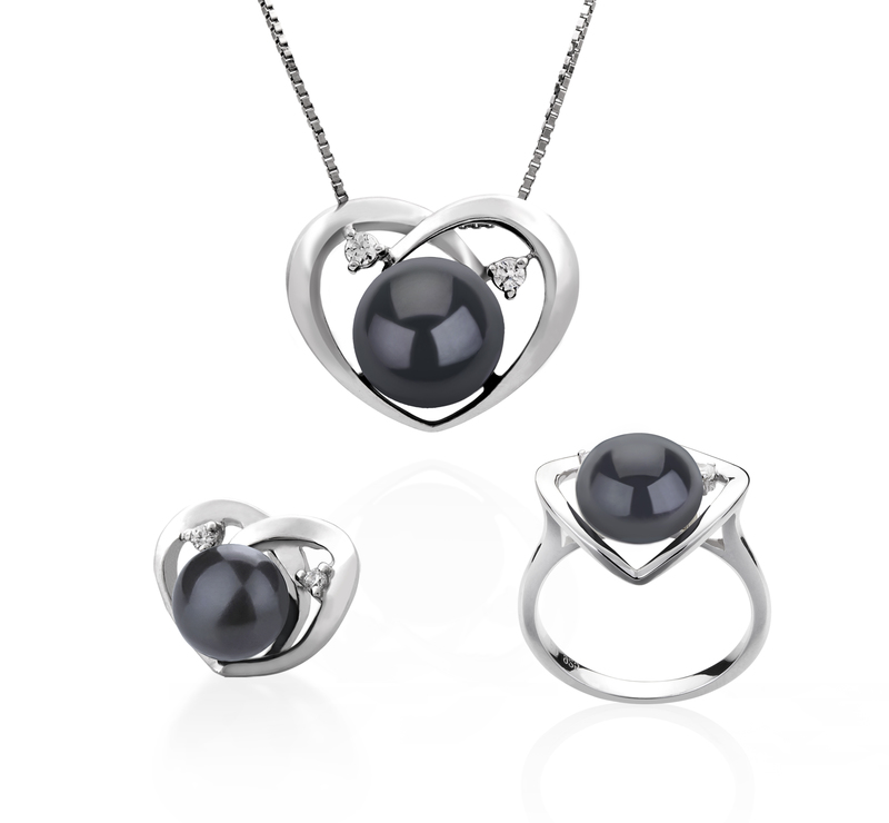 7-10mm AA Quality Freshwater Cultured Pearl Set in Katie Heart Black - #1