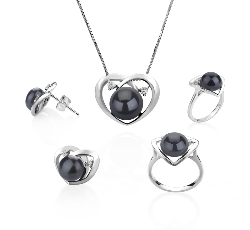 7-10mm AA Quality Freshwater Cultured Pearl Set in Katie Heart Black - #2