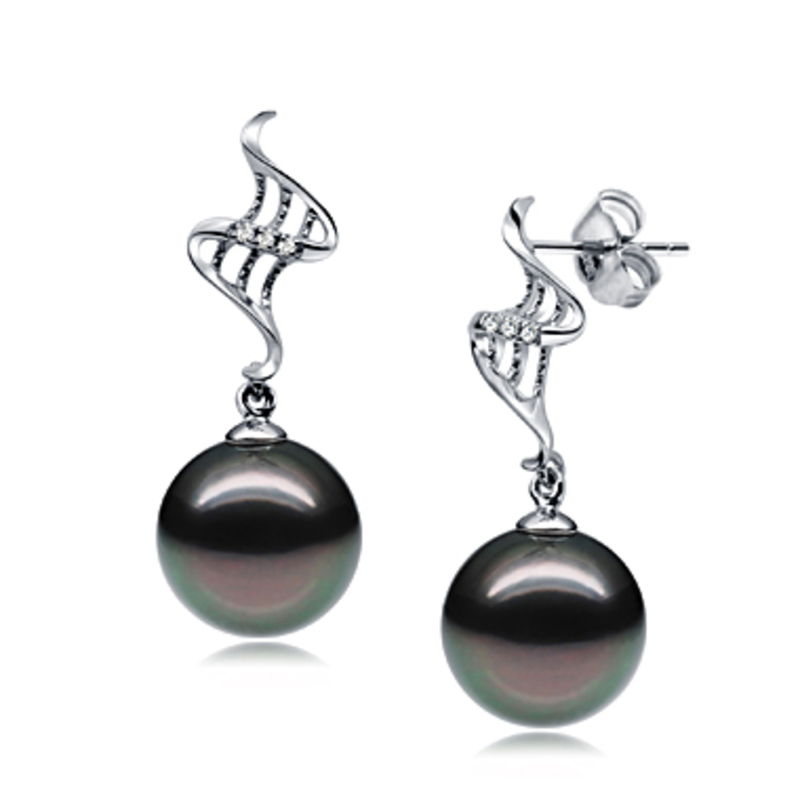 9-10mm AAA Quality Tahitian Cultured Pearl Earring Pair in Lure Black - #2