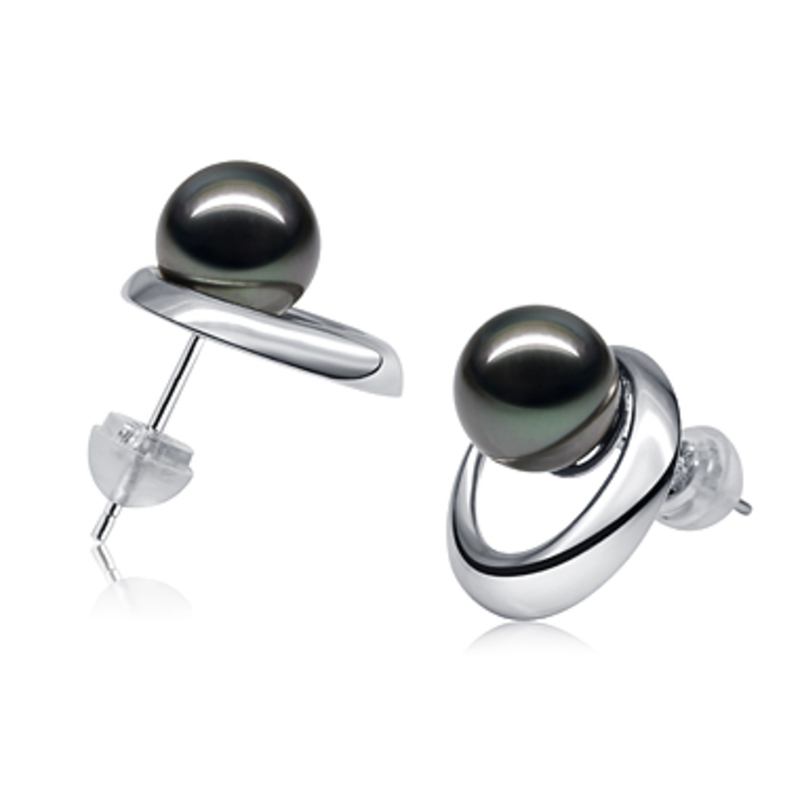 9-10mm AAA Quality Tahitian Cultured Pearl Earring Pair in Rising Sun Black - #2
