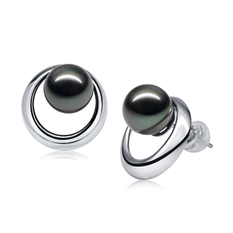 9-10mm AAA Quality Tahitian Cultured Pearl Earring Pair in Rising Sun Black - #3